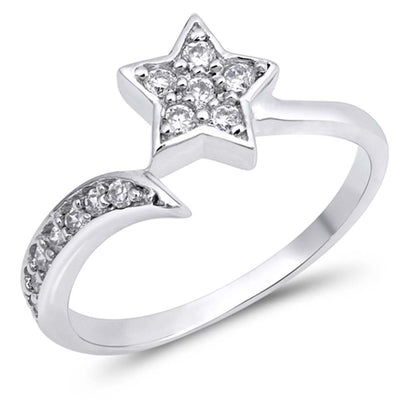 Sterling Silver Star Shaped Clear CZ RingAnd Face Height 8mmAnd Band Width 2mm