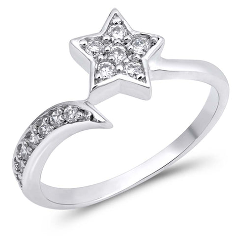 Sterling Silver Star Shaped Clear CZ RingAnd Face Height 8mmAnd Band Width 2mm
