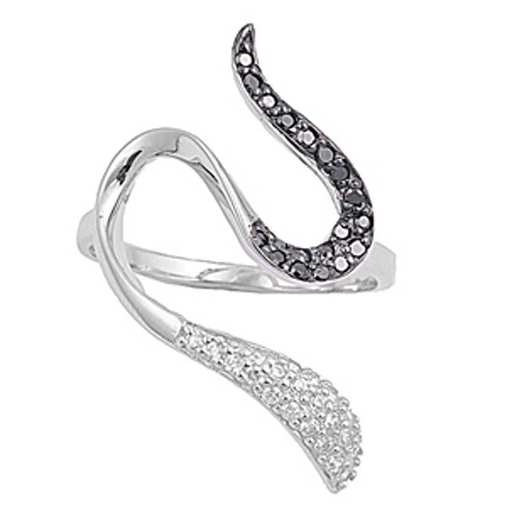 Sterling Silver Tail Shaped Black And Clear CZ RingAnd Face Height 29mmAnd Band Width 2mm