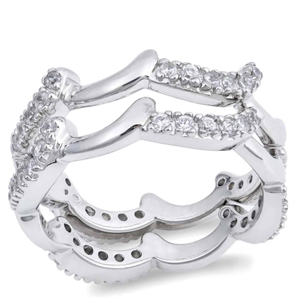 Sterling Silver Double Lines Wave Shaped Clear CZ RingAnd Face Height 7mmAnd Band Width 7mm