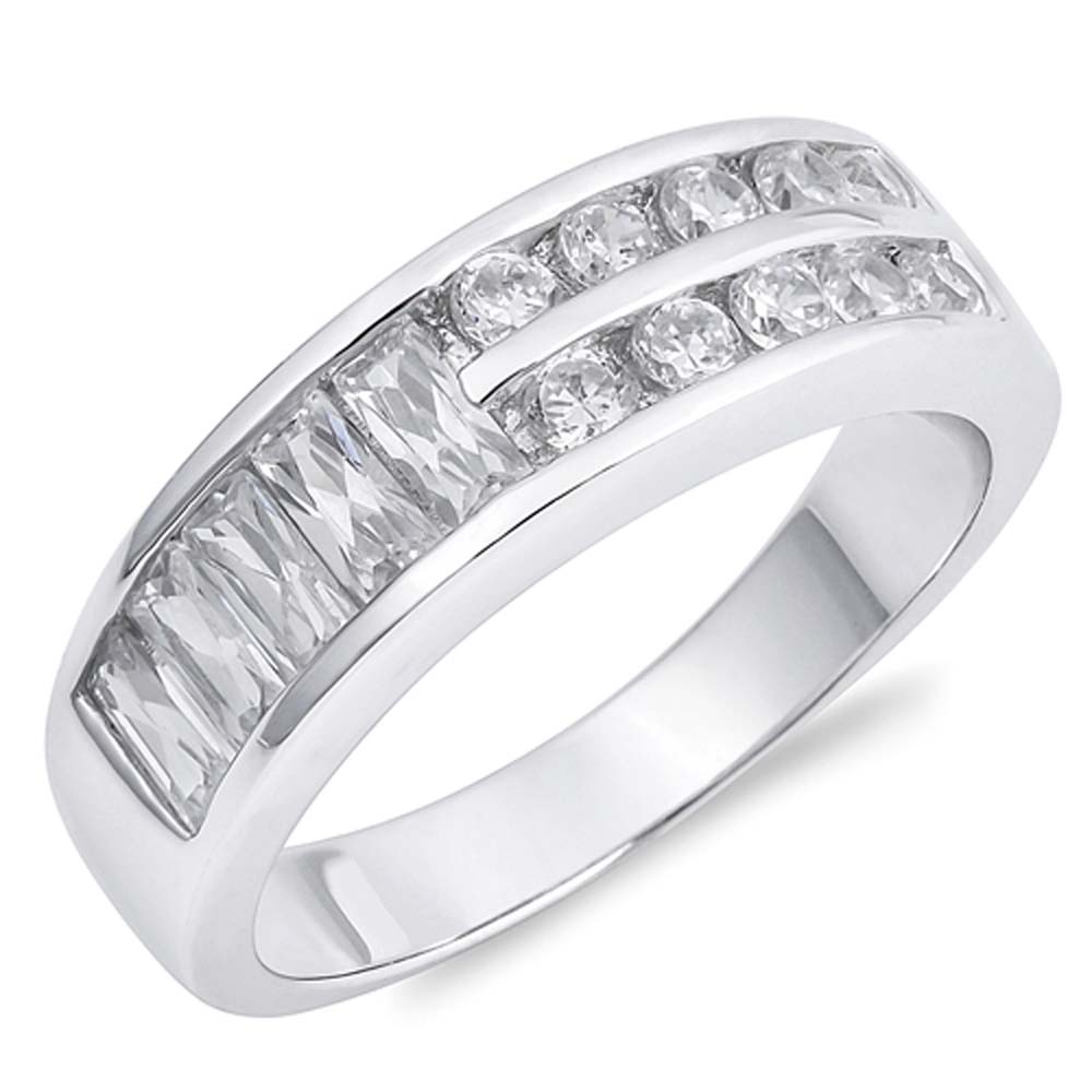 Sterling Silver Round Wedding Band Shaped Clear CZ RingAnd Face Height 6mmAnd Band Width 6mm