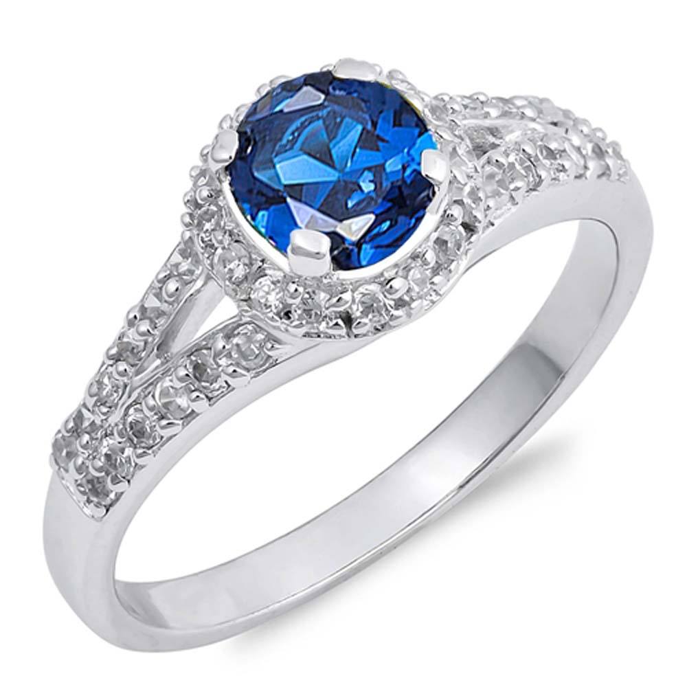 Sterling Silver Blue Sapphire Round Shaped Clear CZ RingAnd Face Height 5mmAnd Band Width 2mm