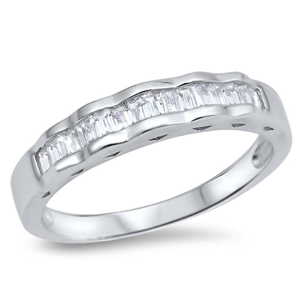 Sterling Silver Wave Wedding Band Shaped Clear CZ RingAnd Face Height 4mmAnd Band Width 4mm