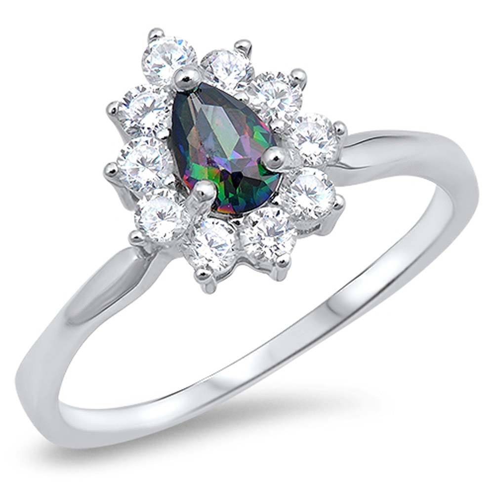 Sterling Silver Elegant Solitaire Rainbow Topaz Pear Cut CZ On Halo Design Setting And with Face Height 8MM