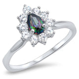 Sterling Silver Elegant Solitare Rainbow Topaz Pear Cut Simulated Diamond On Halo Design SettingAnd with Face Height 8MM