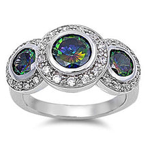 Load image into Gallery viewer, Sterling Silver Fancy 3 Stone Round Cut Rainbow Topaz Simulated Diamonds On Bezel Setting with Halo DesignAnd Face Height 12MM