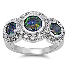 Sterling Silver Fancy 3 Stone Round Cut Rainbow Topaz Simulated Diamonds On Bezel Setting with Halo DesignAnd Face Height 12MM