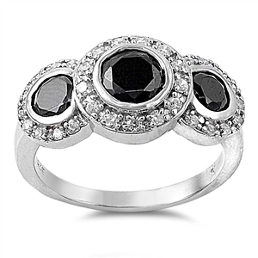 Sterling Silver Three Stones Black Round Shaped Clear CZ RingAnd Face Height 12mmAnd Band Width 3mm