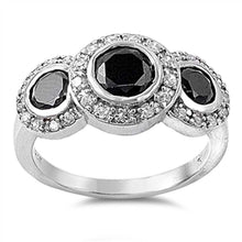 Load image into Gallery viewer, Sterling Silver Three Stones Black Round Shaped Clear CZ RingAnd Face Height 12mmAnd Band Width 3mm