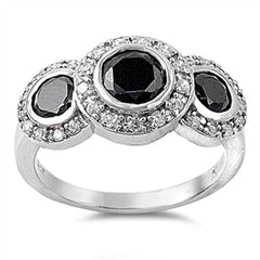 Sterling Silver Three Stones Black Round Shaped Clear CZ RingAnd Face Height 12mmAnd Band Width 3mm