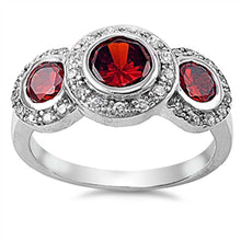 Load image into Gallery viewer, Sterling Silver Three Stones Garnet Round Shaped Clear CZ RingAnd Face Height 12mmAnd Band Width 3mm