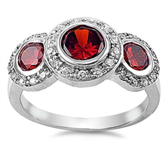 Sterling Silver Three Stones Garnet Round Shaped Clear CZ RingAnd Face Height 12mmAnd Band Width 3mm