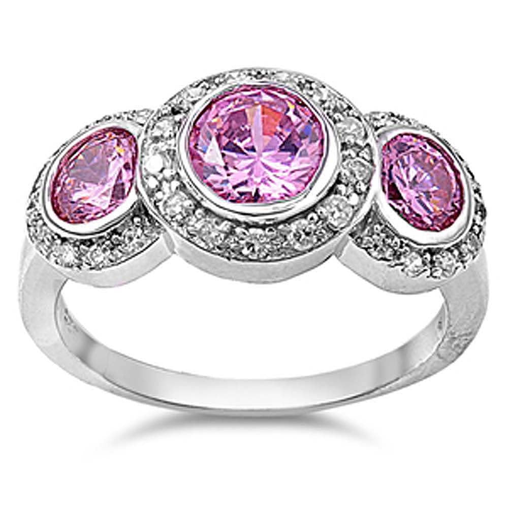 Sterling Silver Three Stones Pink Round Shaped Clear CZ RingAnd Face Height 12mmAnd Band Width 3mm