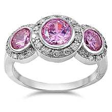 Load image into Gallery viewer, Sterling Silver Three Stones Pink Round Shaped Clear CZ RingAnd Face Height 12mmAnd Band Width 3mm