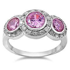 Sterling Silver Three Stones Pink Round Shaped Clear CZ RingAnd Face Height 12mmAnd Band Width 3mm