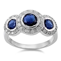 Sterling Silver Three Stones Synthetic Blue Sapphire Round Shaped Clear CZ RingAnd Face Height 12mmAnd Band Width 3mm