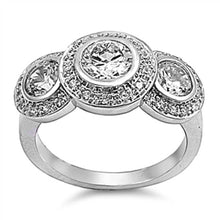 Load image into Gallery viewer, Sterling Silver Fancy Three Stone Round Cut Shaped Clear CZ RingAnd Face Height 12mmAnd Band Width 3mm