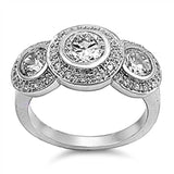 Sterling Silver Fancy Three Stone Round Cut Shaped Clear CZ RingAnd Face Height 12mmAnd Band Width 3mm