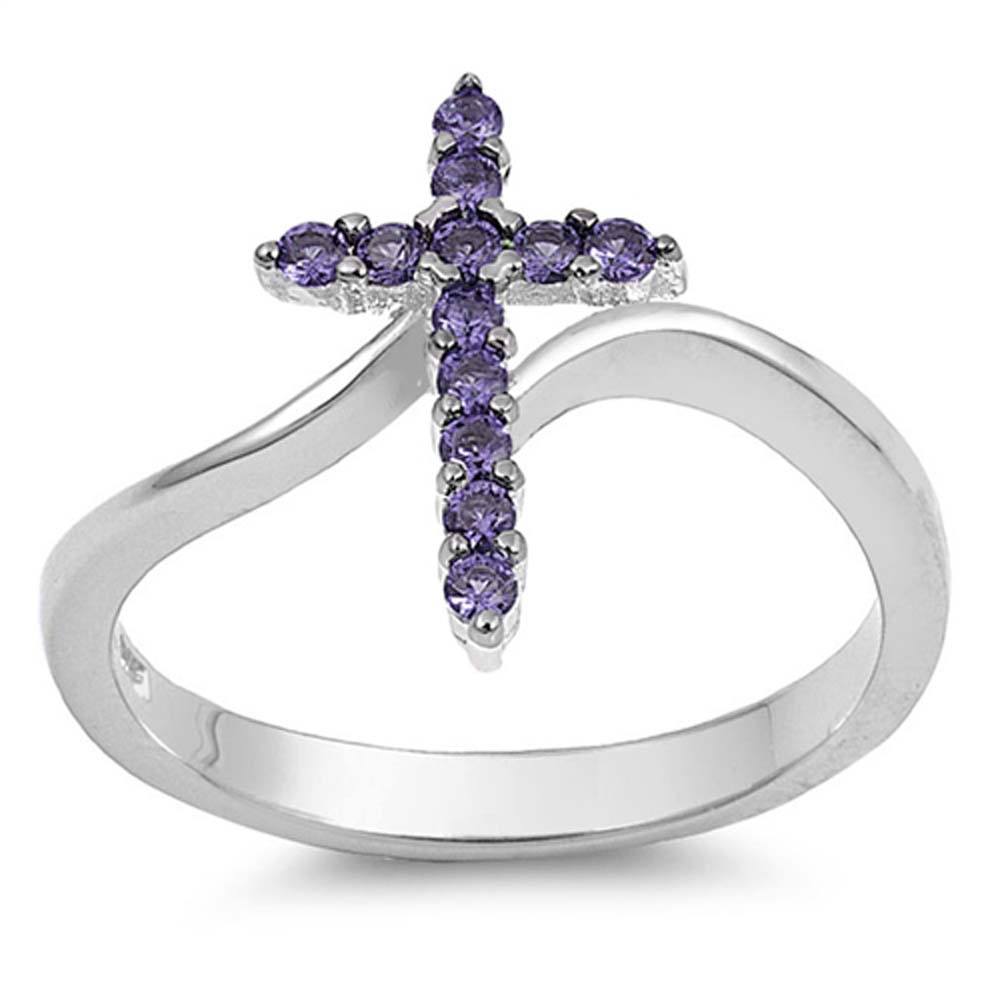 Sterling Silver Cross Shaped Amethyst CZ Ring And Face Height 15mm