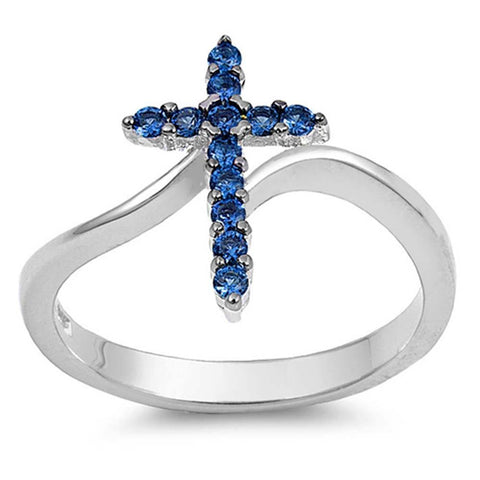 Sterling Silver Cross Shaped Blue Sapphire CZ Ring And Face Height 15mm