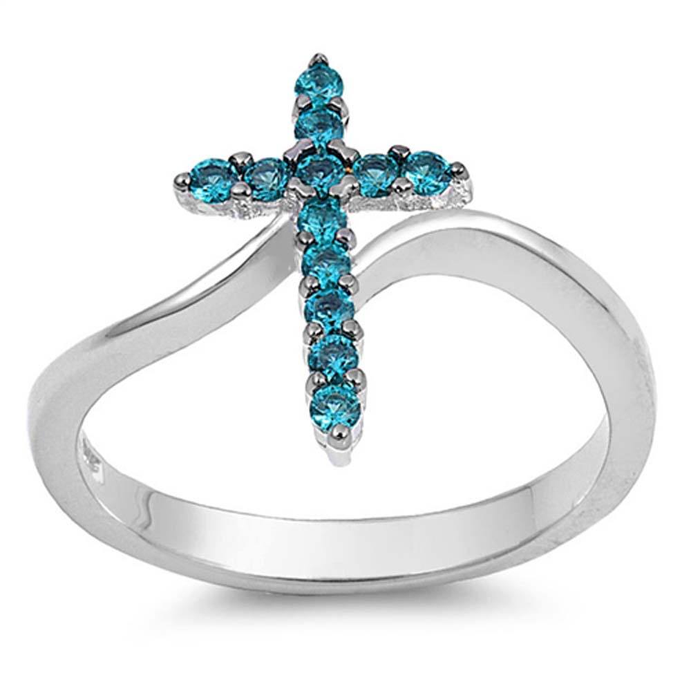 Sterling Silver Cross Shaped Blue Topaz CZ Ring And Face Height 15mm