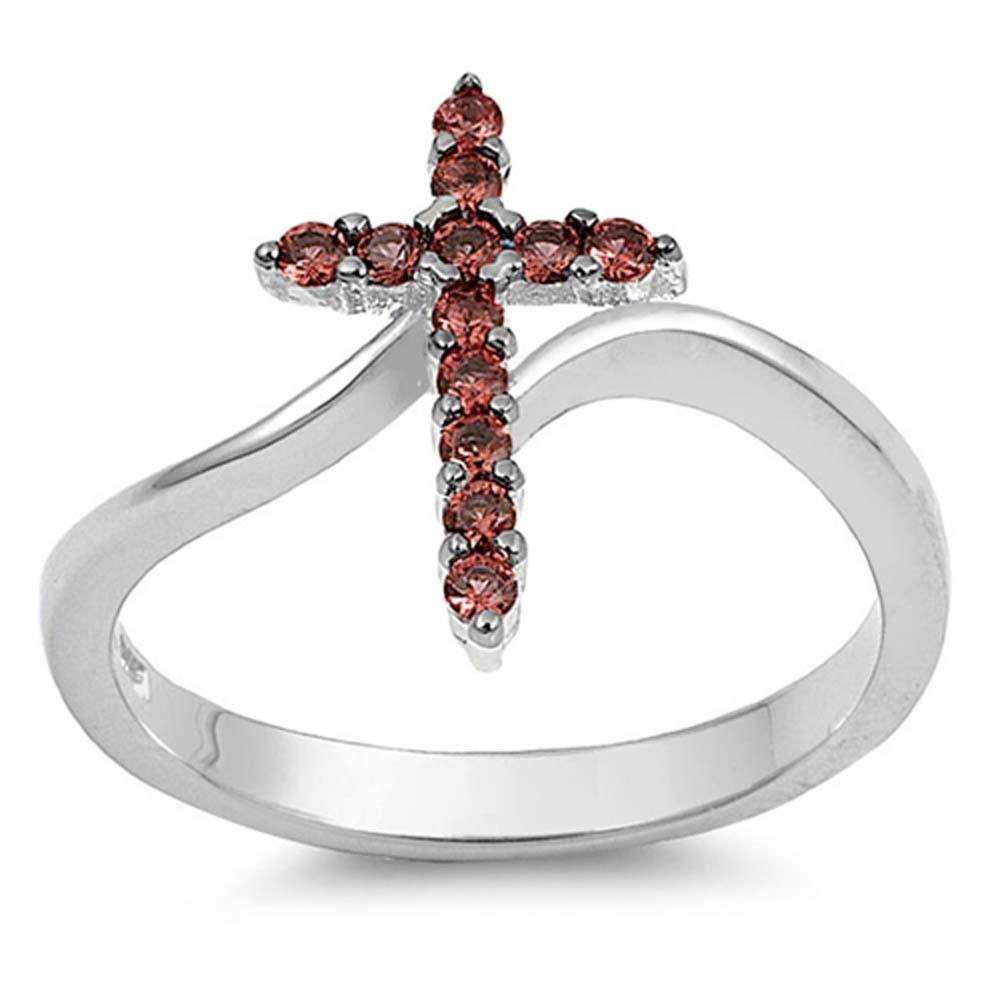 Sterling Silver Cross Shaped Garnet CZ RingAnd Face Height 15mm