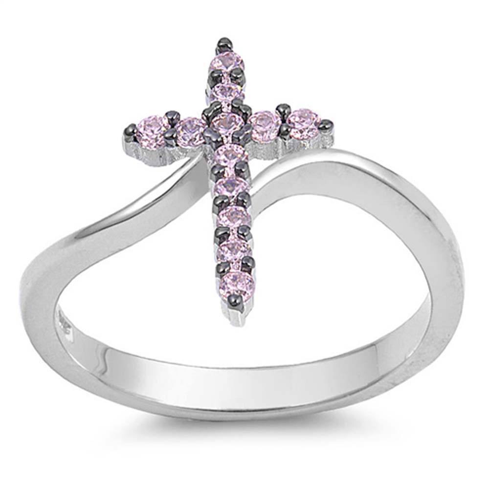 Sterling Silver Cross Shaped Pink CZ Ring And Face Height 15mm