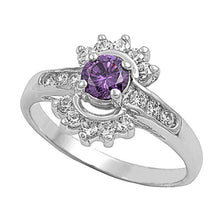 Load image into Gallery viewer, Sterling Silver Flower Shaped Amethyst And Clear CZ RingAnd Face Height 14mmAnd Band Width 2mm