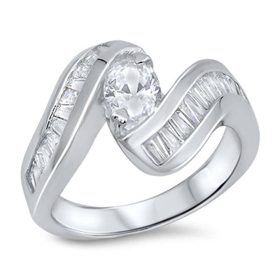 Sterling Silver Round Curved Shaped Clear CZ RingAnd Face Height 15mmAnd Band Width 3mm