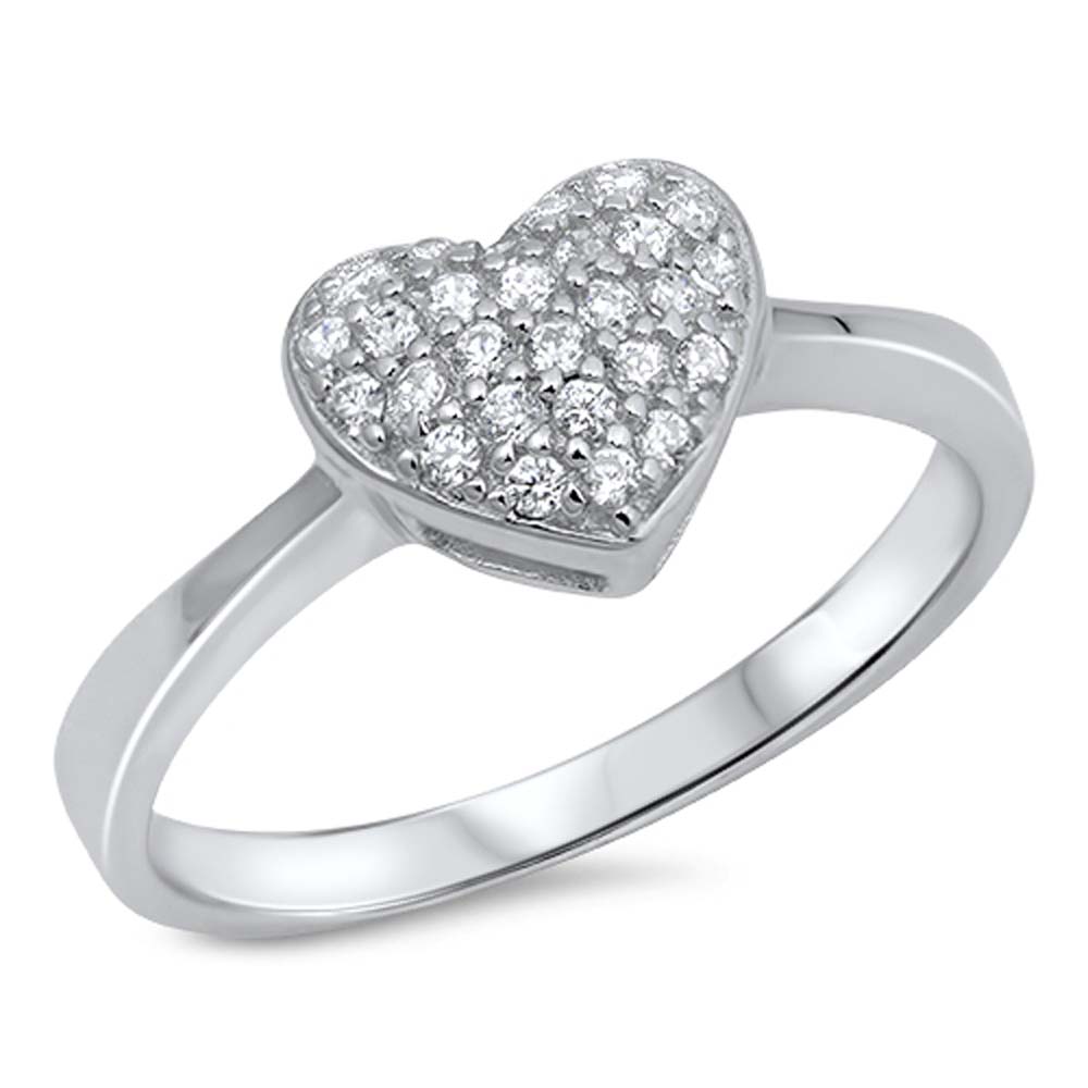 Sterling Silver Heart Shaped Clear CZ Ring, Face Height 10mm, Band Width 2mm