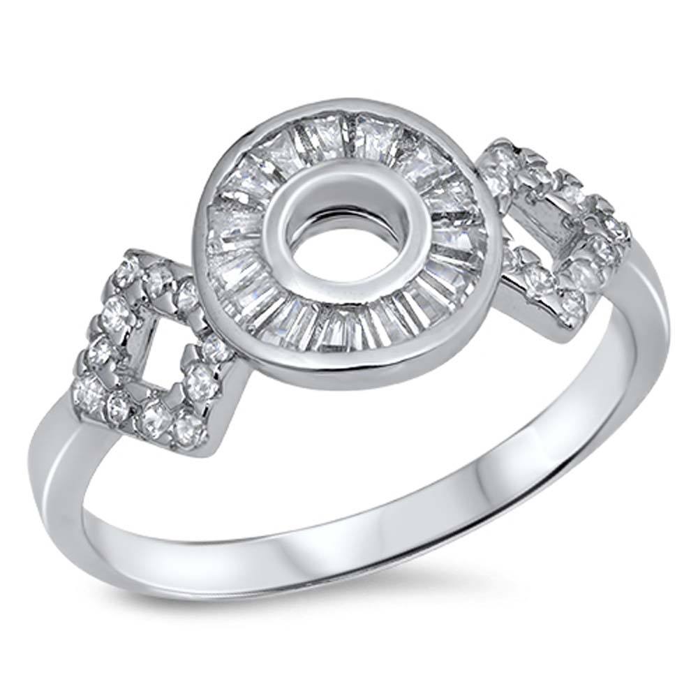 Sterling Silver Round And Diamond Cut Shaped Clear CZ RingAnd Face Height 10mmAnd Band Width 3mm