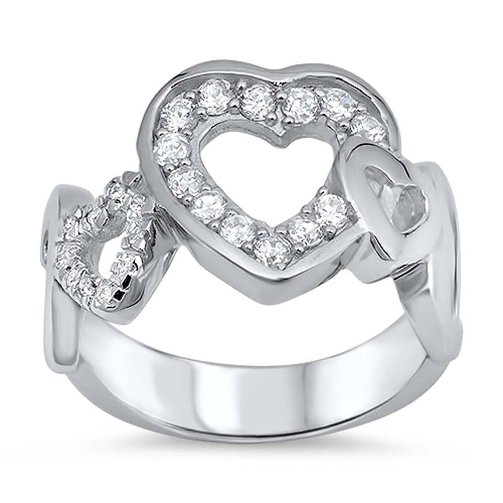 Sterling Silver Hearts Shaped Clear CZ RingAnd Face Height 14mmAnd Band Width 2mm