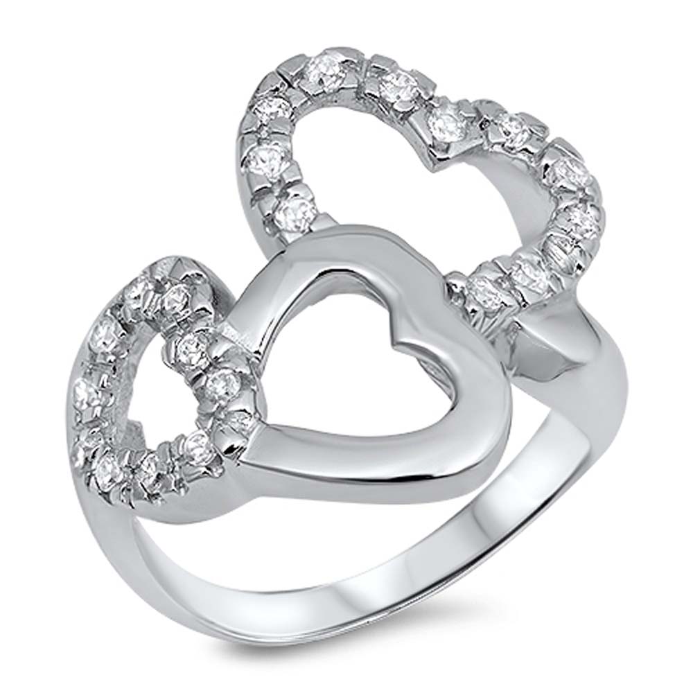 Sterling Silver Hearts Shaped Clear CZ RingAnd Face Height 21mmAnd Band Width 3mm