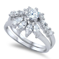 Sterling Silver Prong Set Marquise and Round Clear CZ 2 Piece Fancy Engagement Ring Set with Ring Face Height of 12MM and Ring Band Width of 3MM