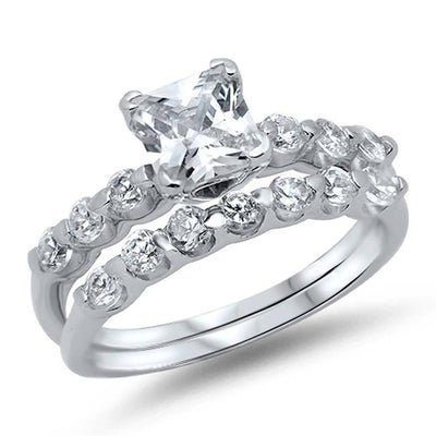 Sterling Silver Round Clear CZ 2 Piece Fancy Engagement Ring Set with a 4 Prong Set Princess Cut Clear CZ in the CenterAnd Ring face Height of 10MM and Ring Band Width of 3MM