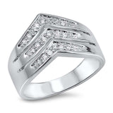 Sterling Silver Triple Lines Wave Shaped Clear CZ RingAnd Face Height 13mmAnd Band Width 4mm