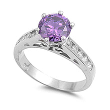 Load image into Gallery viewer, Sterling Silver Amethyst Color Round Shaped Clear CZ RingAnd Face Height 7mmAnd Band Width 3mm