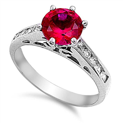 Sterling Silver Synthetic Ruby Round Shaped Clear CZ RingAnd Face Height 8mm