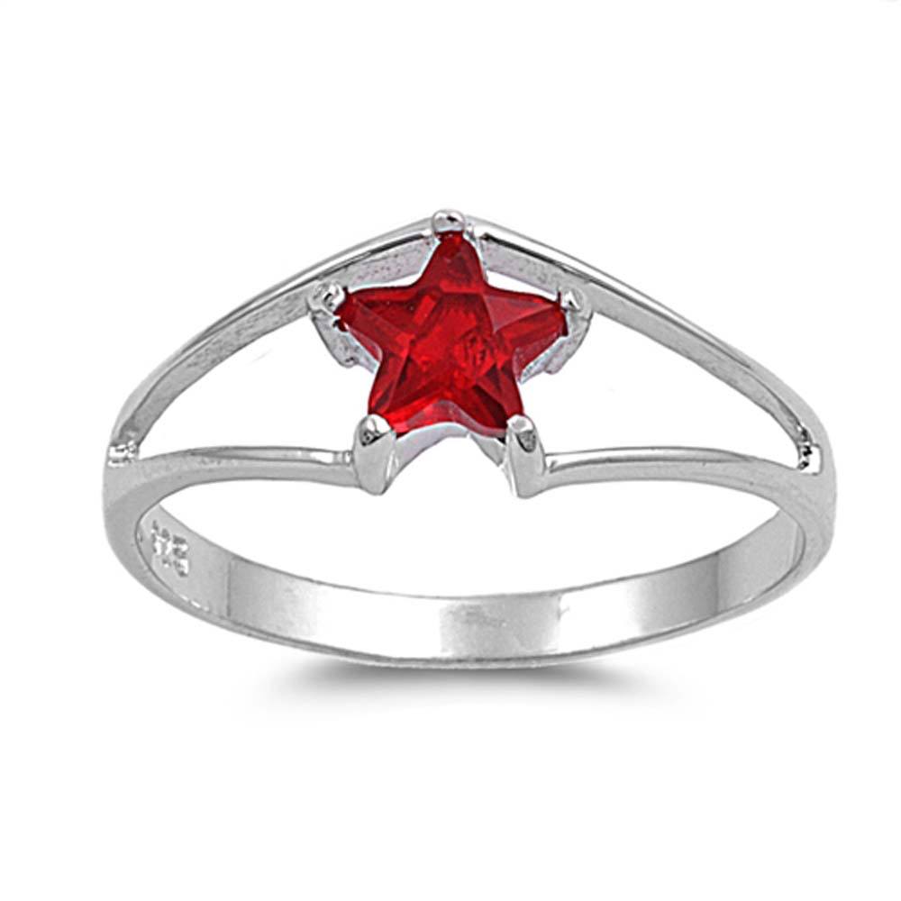 Sterling Silver Synthetic Ruby Star Shaped CZ RingAnd Face Height 7mmAnd Band Width 3mm