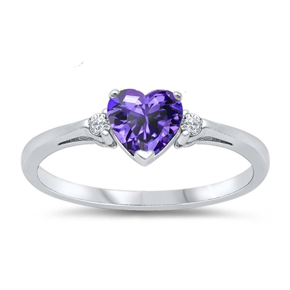 Sterling Silver Trendy Amethyst Heart Ring with Clear CZ on Both SidesAnd Face Height 6 mm