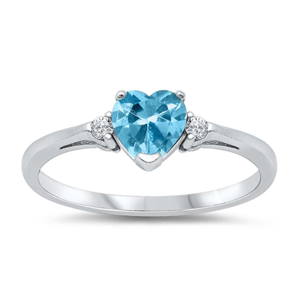 Sterling Silver Heart With Aquamarine And Cubic Zirconia Ring