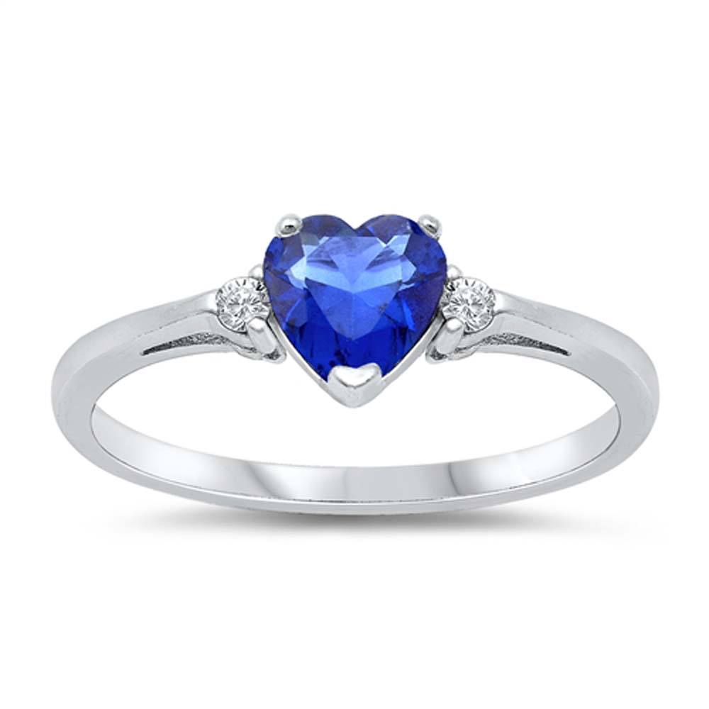 Sterling Silver Trendy Blue Sapphire Heart Ring with Clear CZ on Both SidesAnd Face Height 6 mm