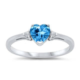 Sterling Silver Trendy Blue Topaz Heart Ring with Clear CZ on Both SidesAnd Face Height 6 mm