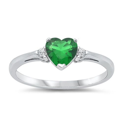 Sterling Silver Trendy Emerald CZ Heart Ring with Clear CZ on Both SidesAnd Face Height 6 mm