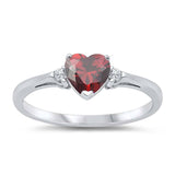 Sterling Silver Trendy Garnet Heart Ring with Clear CZ on Both SidesAnd Face Height 6 mm