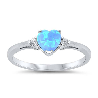 Sterling Silver Trendy Light Blue Lab Opal Heart Ring with Clear CZ on Both SidesAnd Face Height 6 mm