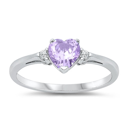 Sterling Silver Trendy Lavender Heart Ring with Clear CZ on Both SidesAnd Face Height 6 mm