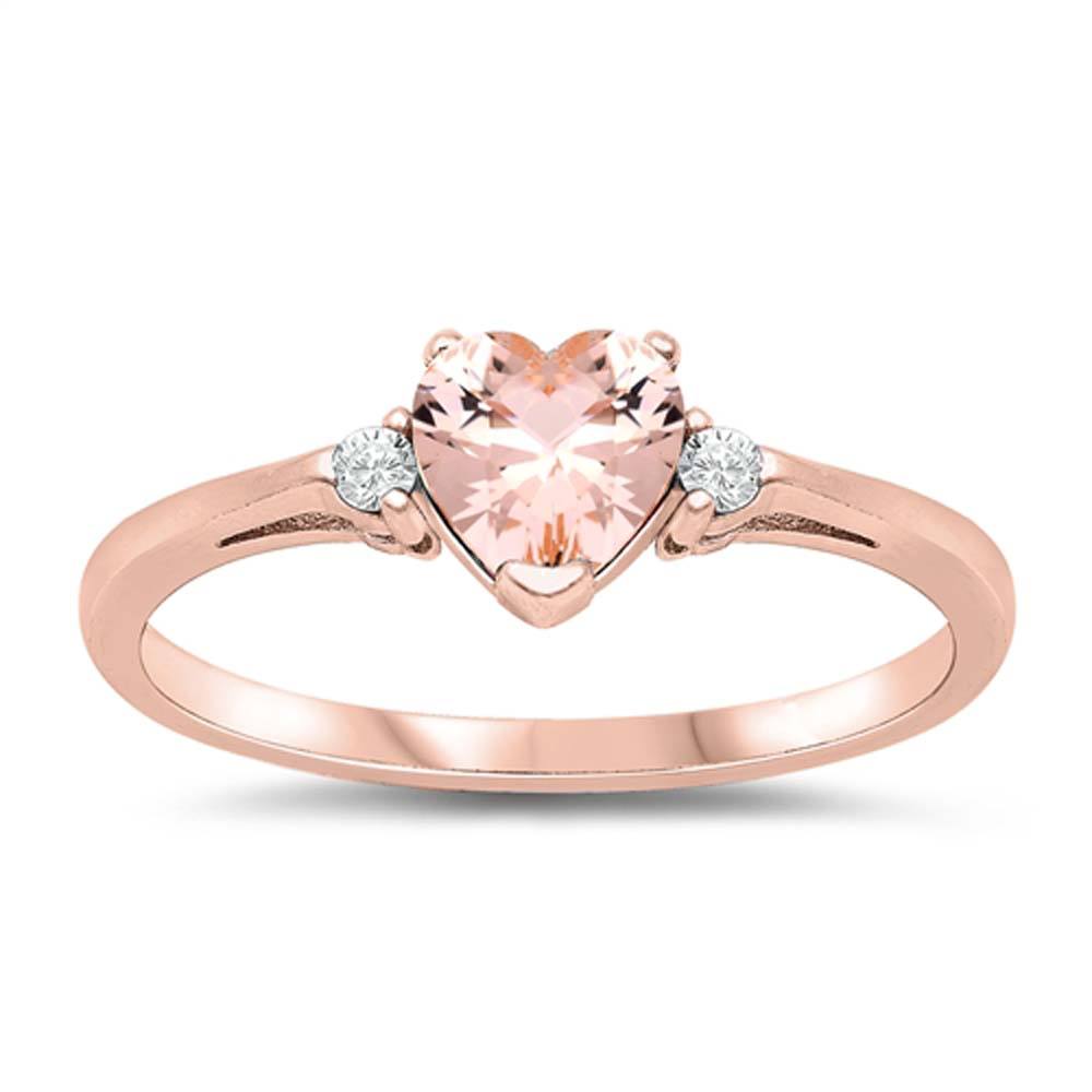 Sterling Silver Rose Gold Plated Heart Shaped Pink Morganite CZ RingAnd Face Height 7mm
