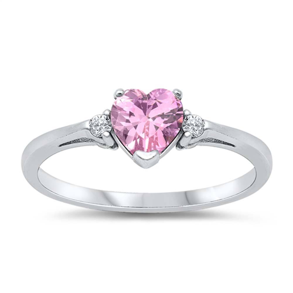 Sterling Silver Trendy Pink Heart Ring with Clear CZ on Both SidesAnd Face Height 6 mm