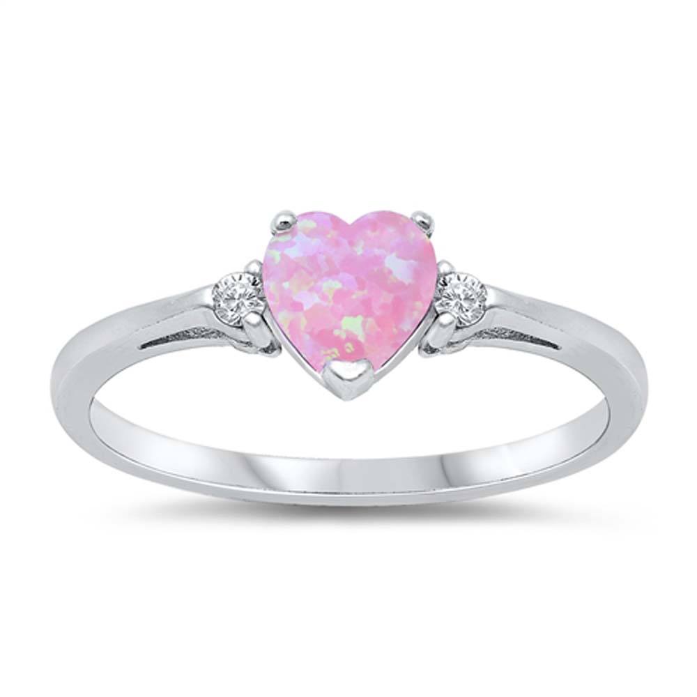 Sterling Silver Trendy Pink Opal Heart Ring with Clear CZ on Both SidesAnd Face Height 6 mm